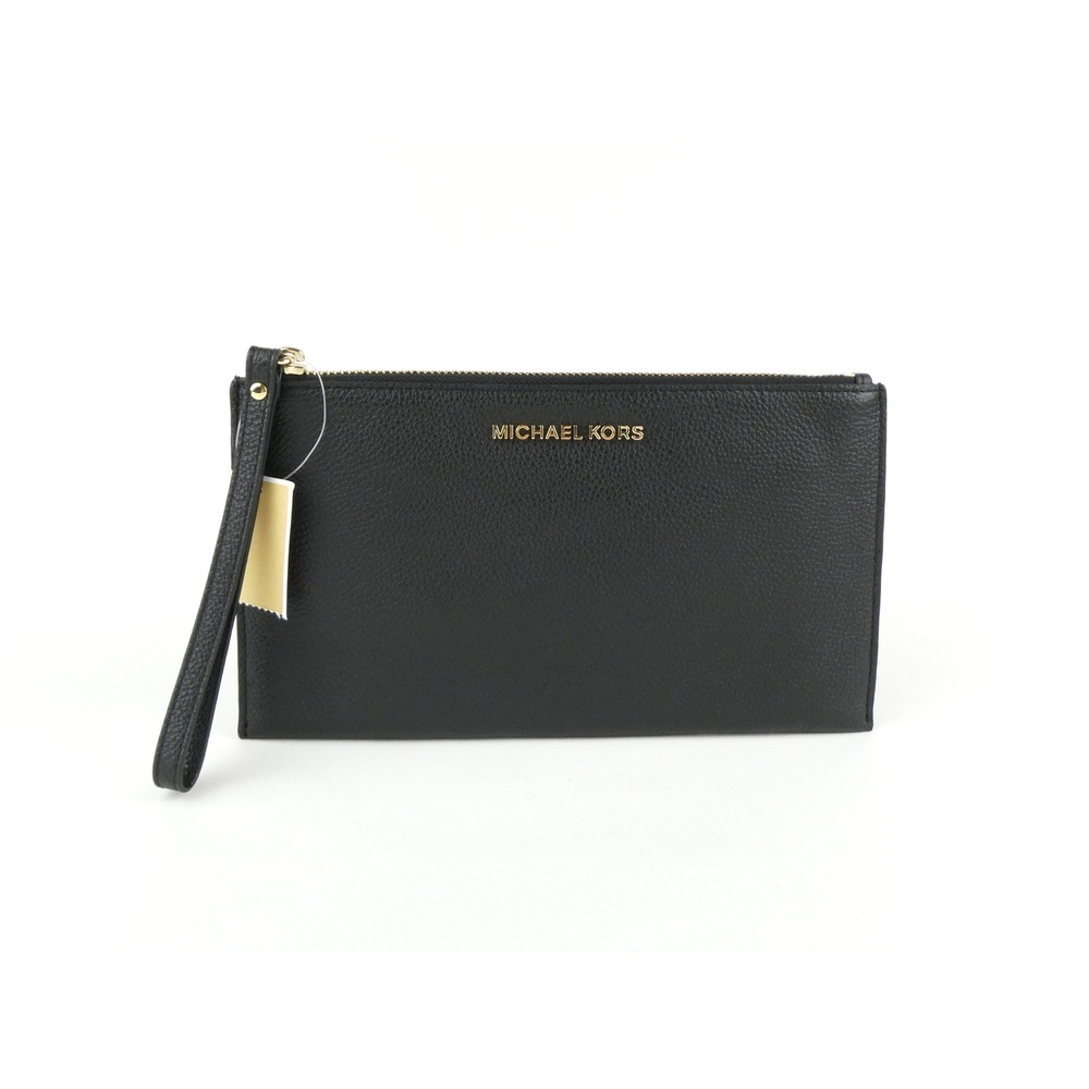 Michael Kors Jet Set Black Leather Large Zip Clutch Wristlet NWT